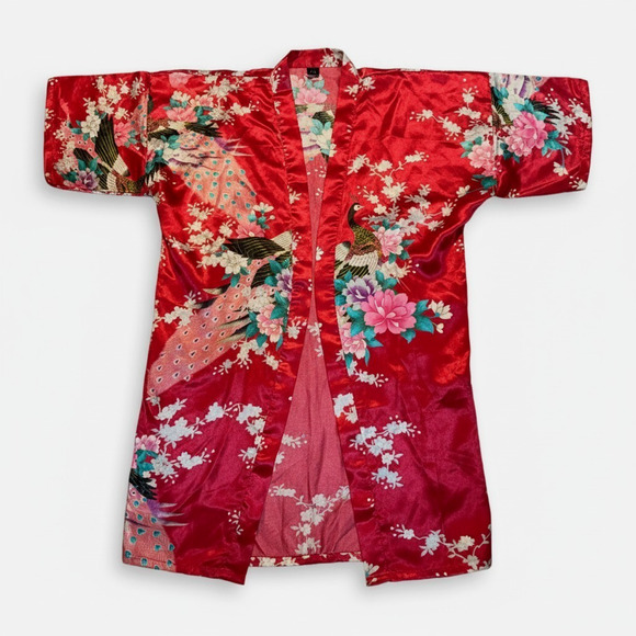 Mei Yesida Other - Wine Red Peacock Floral Satin Kimono Jacket – Japanese Inspired Layer Robe